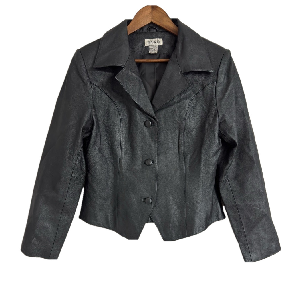 Vintage Santa Fe Black Genuine Leather Cropped Pointed Hem Jacket Size 10